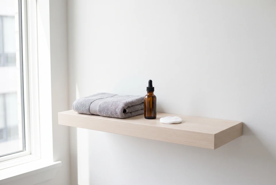 Toalla negra doblada y un frasco de vidrio ámbar sobre un mueble de madera, con luz cálida (imagen ilustrativa)