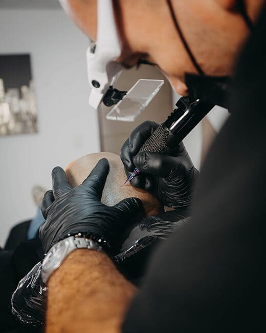 Primer plano del dermógrafo y las manos con guantes negros del especialista sobre una cabeza rapada, con la lupa de trabajo