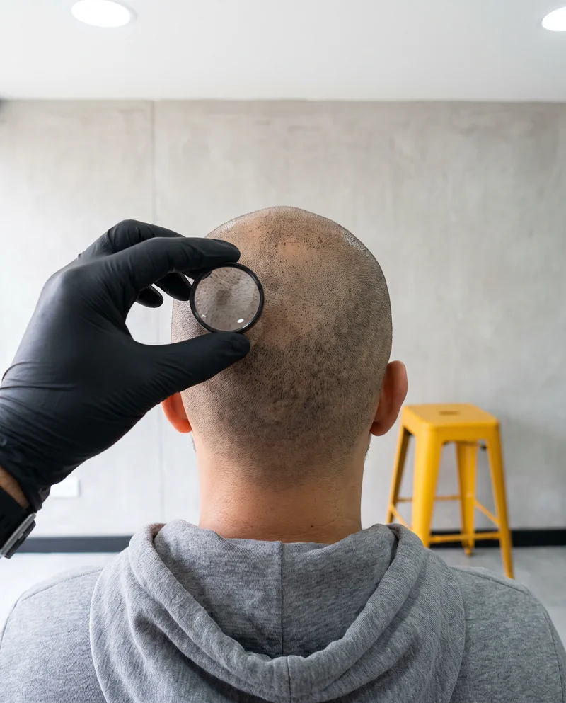 Mano con guante negro sostiene una lupa sobre el cuero cabelludo para evaluar un trabajo anterior (imagen ilustrativa)