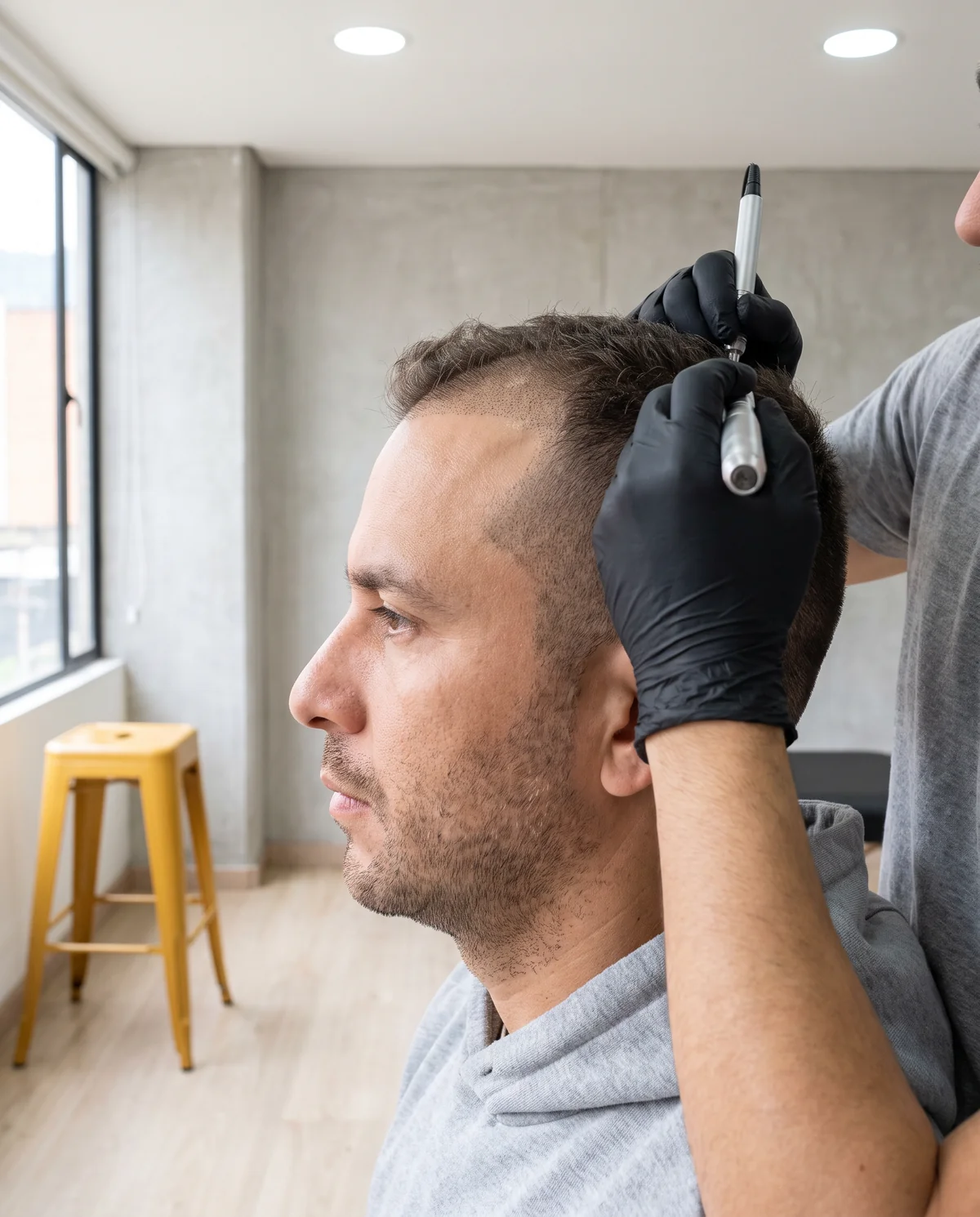 Imagen ilustrativa: perfil de un hombre mientras un especialista marca la línea frontal y las entradas para la tricopigmentación