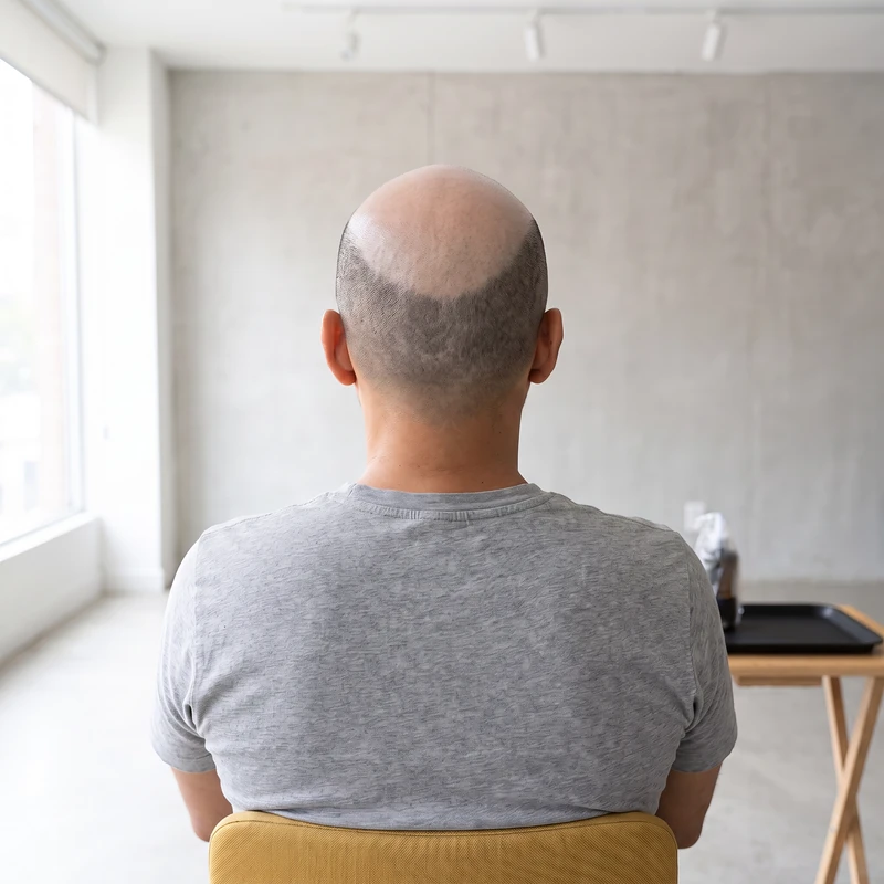 Imagen ilustrativa (antes): coronilla de un hombre visto desde atrás, con la parte de arriba despoblada y una franja de cabello corto a los lados