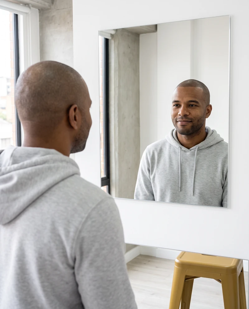 Imagen ilustrativa: hombre con la cabeza rapada y sudadera gris se mira la línea frontal en el espejo de un estudio luminoso