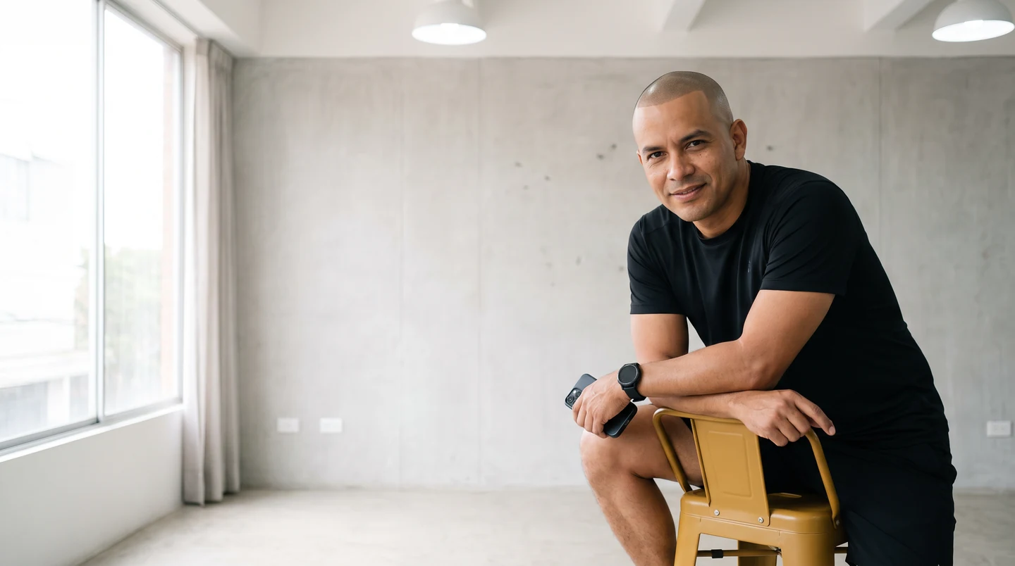 Imagen ilustrativa: hombre con la cabeza rapada, camiseta negra deportiva y reloj, apoyado en un taburete amarillo en un estudio luminoso, con el celular en la mano