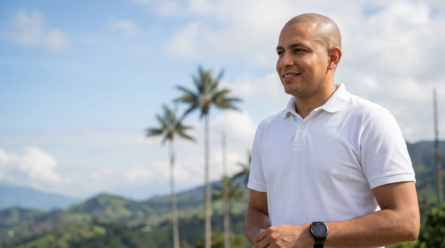 Imagen ilustrativa: hombre sonriente con la cabeza rapada y camiseta tipo polo blanca, al aire libre en el paisaje cafetero del Quindío con palmas de cera al fondo