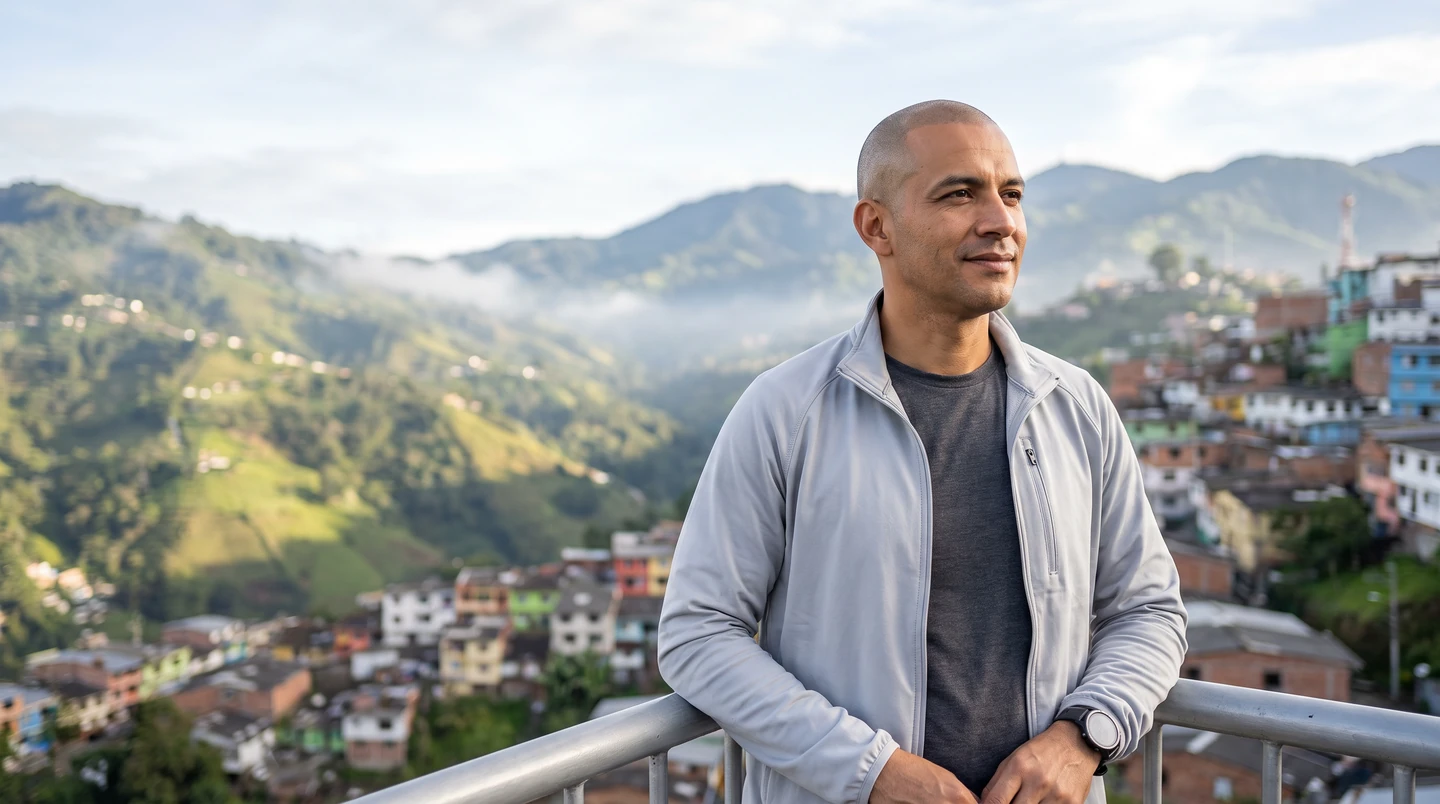 Imagen ilustrativa: hombre con la cabeza rapada y chaqueta deportiva gris en un mirador de una ciudad de montaña como Manizales, con neblina suave en el valle